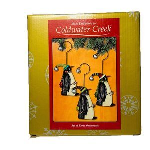 Coldwater Creek Set 3 Penguin Christmas Ornaments Resin Free Standing Hanger NEW